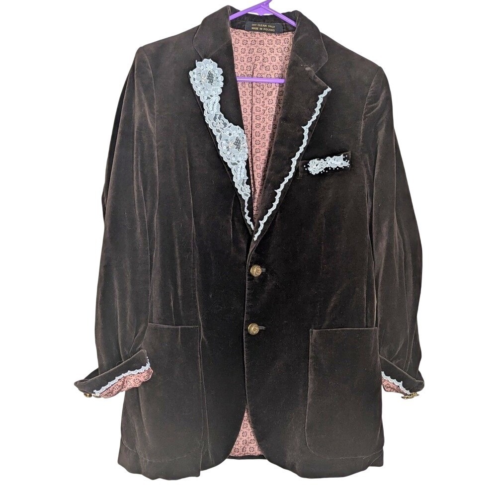 Vintage 70s 80s Members only Brown Velvet Blazer Jacket Cream Lace Metal Buttons